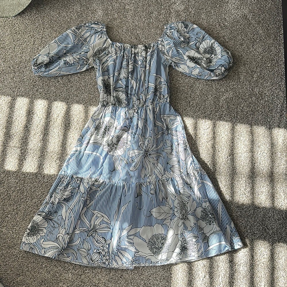 Zara | Blue, White & Black Floral Print Striped Off-Shoulder Midi Dress | Size S - Picture 3 of 5